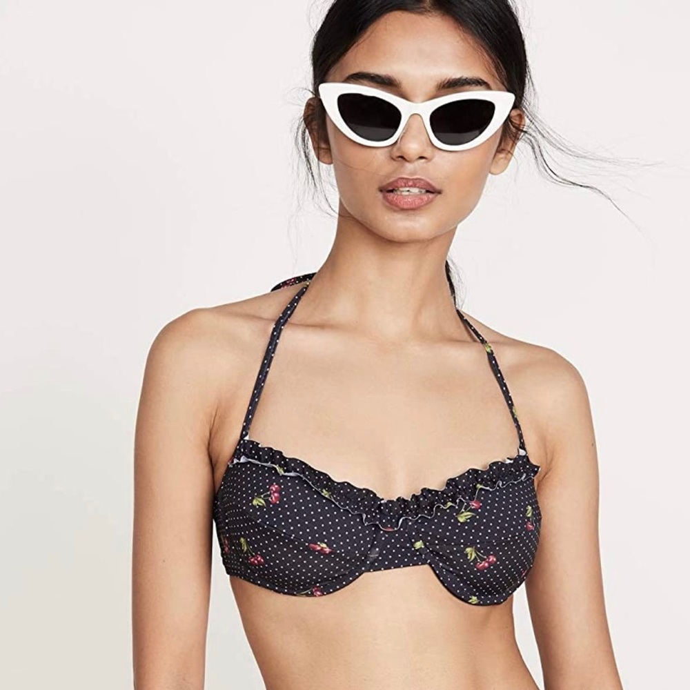 Shoshanna Black Polka Dot Bikini Top with Floral Accents